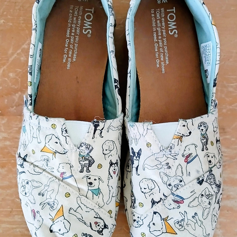 Toms White Canvas Slip-Ons with Colorful Dog Print